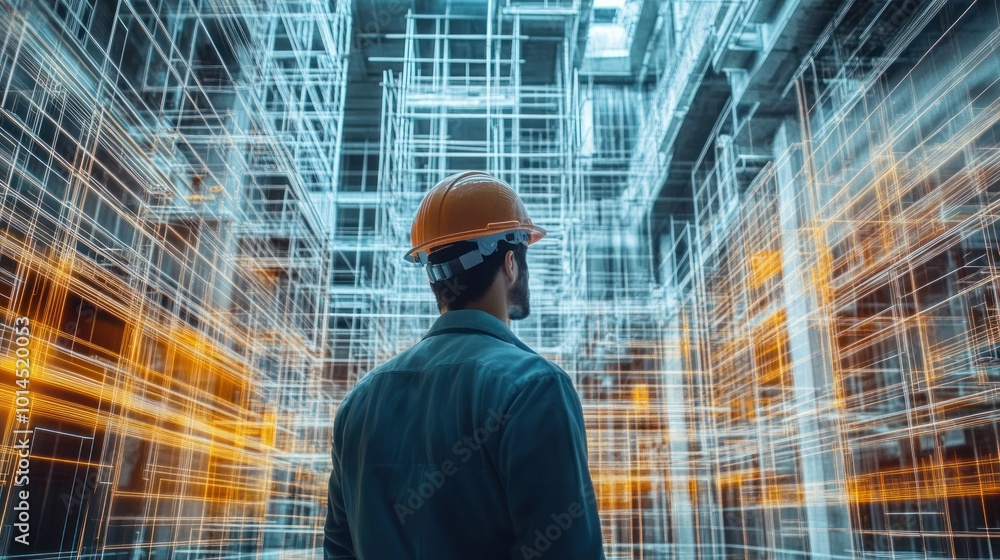 Poster construction worker looking at digital model of building