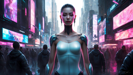 Fototapeta premium Cyberpunk Woman Walking Through Neon-Lit City Streets