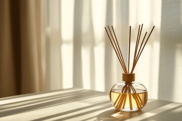 sticks in glass bottle diffuser mockup on the table in living room with sunlight 