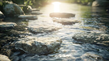 Fototapeta premium Sunlit Riverbed with Smooth Stones and Rippling Water