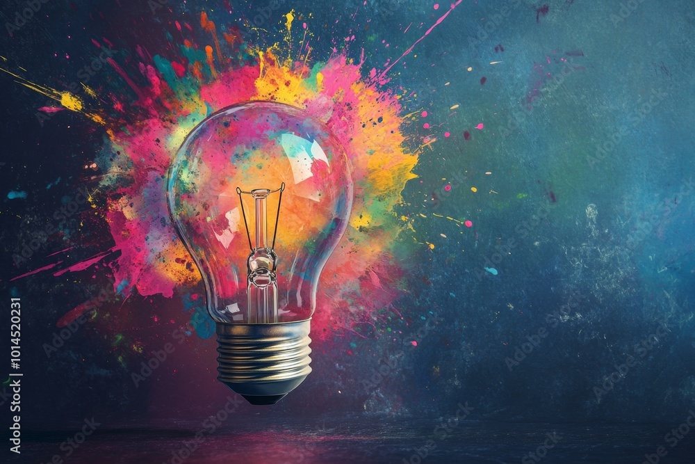 Poster vibrant light bulb is floating in front of a colorful paint splash representing creativity