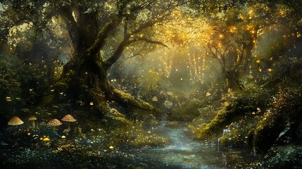 Obraz premium Enchanted Ethereal Woodland Clearing with Glowing Fungi and Sparkling Stream