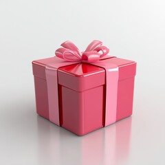Obraz premium A three-dimensional, glossy red gift box with a pink ribbon, isolated on a clean white surface, evoking a festive and romantic mood