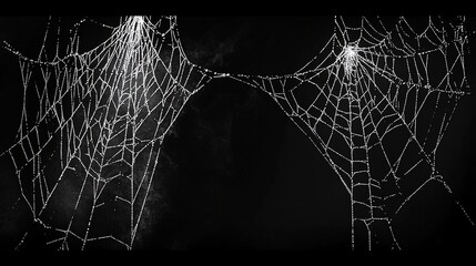 A black canvas showcases intricate white spider webs gracefully draping its corners, set against a dark background.
