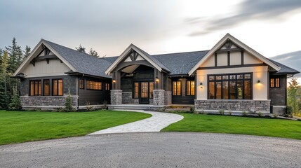 Architectural design of a house with sepia accents, blending traditional styles, including dark flint and spruce details, wide windows, vanilla roof trim, a granite driveway, and green grass