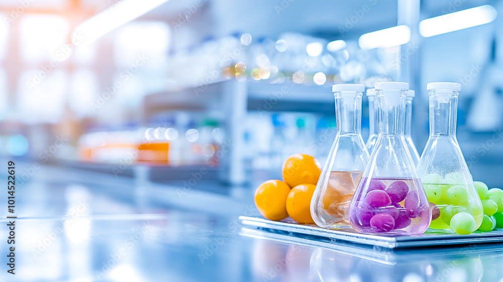 Aufkleber several beakers containing vibrant fruits are displayed on a lab countertop. the setting features a 