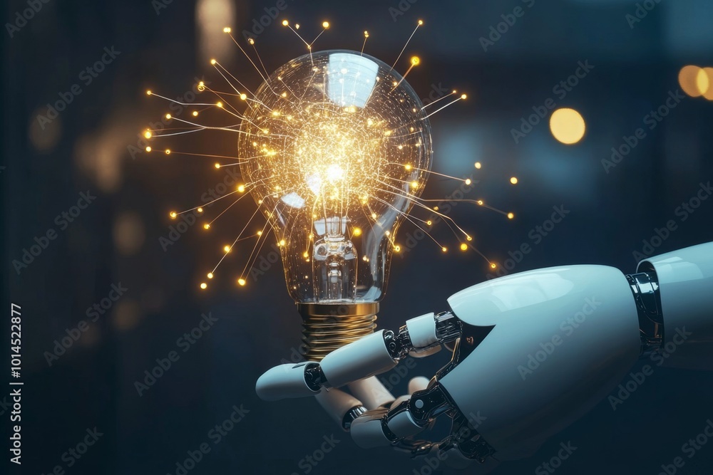 Poster robot hand holding a lightbulb with artificial intelligence network connections