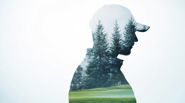 Businessman playing golf after a meeting close up, focus on, copy space Soft greens and crisp lines, Double exposure silhouette with focus and strategy