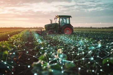 Modern farmer is driving a green tractor in his field at sunset and using digital technology