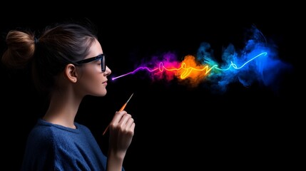 Obraz premium Rainbow Inspiration: Artist breathes vibrant color, creativity flows from her imagination. A captivating image of inspiration and artistic expression. 