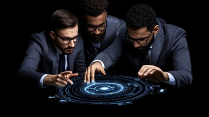 Tech Titans: A trio of diverse businessmen collaborate intensely around a futuristic, glowing interface, their focused expressions hinting at groundbreaking innovation.  