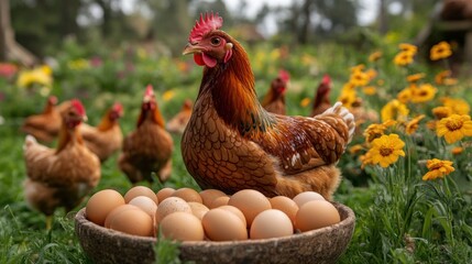 A brown hen stands in front of a basket of brown eggs in a grassy garden with other chickens and yellow flowers.