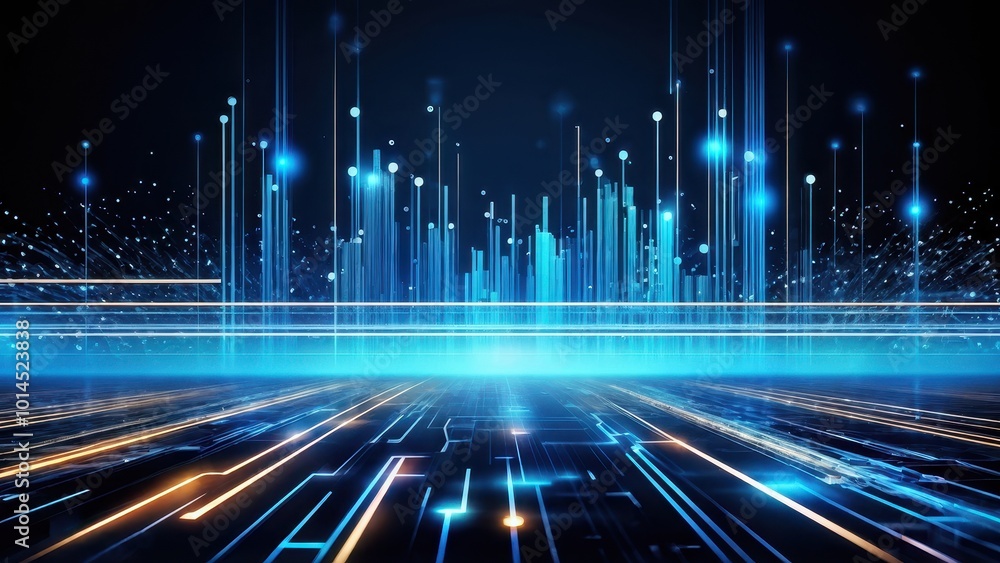 Poster abstract digital landscape with glowing lines and data visualization elements.