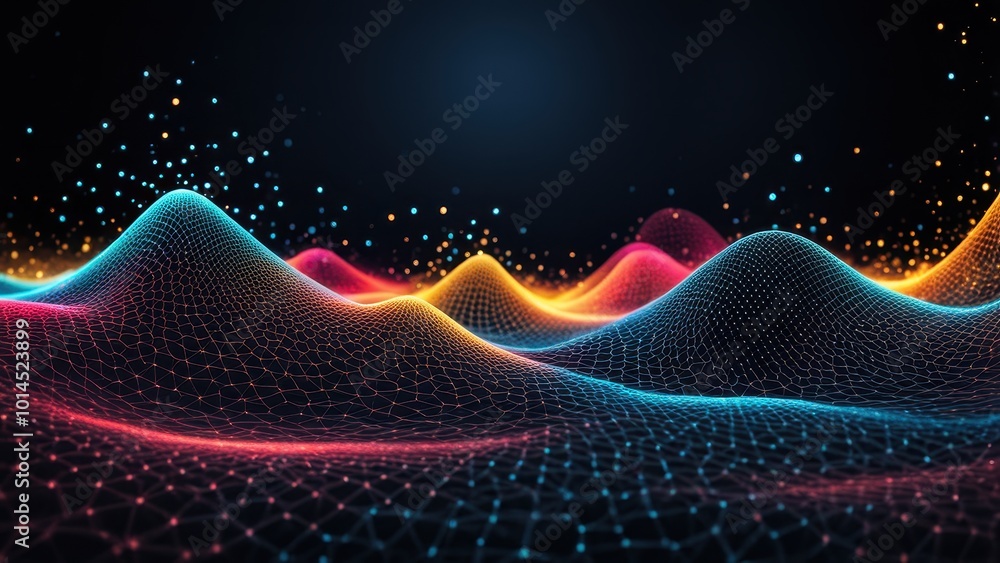 Poster abstract digital landscape with colorful waves and glowing particles.
