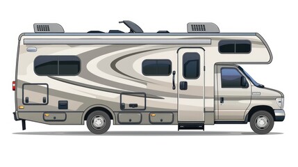 A Beige Class A Motorhome with Swirling Graphics