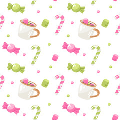 Seamless pattern with candies, marshmallows, lollipops and cups. Vector illustration.