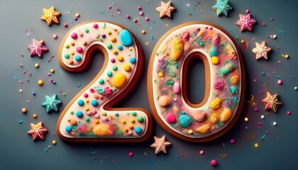 Decorated cookie, number 20, illustration for birthday or anniversary celebration