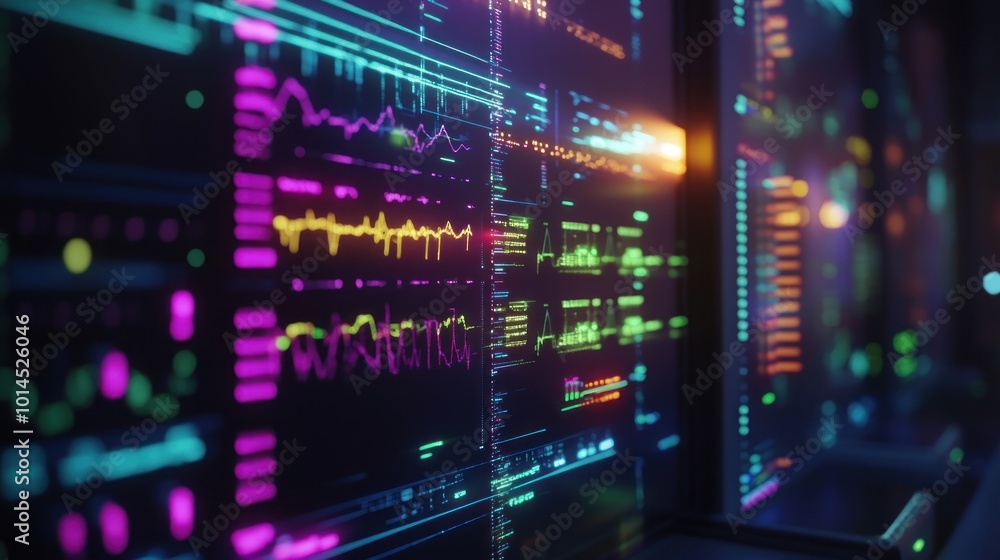 Poster Closeup of computer screens displaying colorful data and graphs in a dark server room