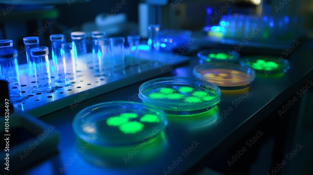 Poster several petri dishes containing glowing green bacterial cultures are seen on a table in a laboratory