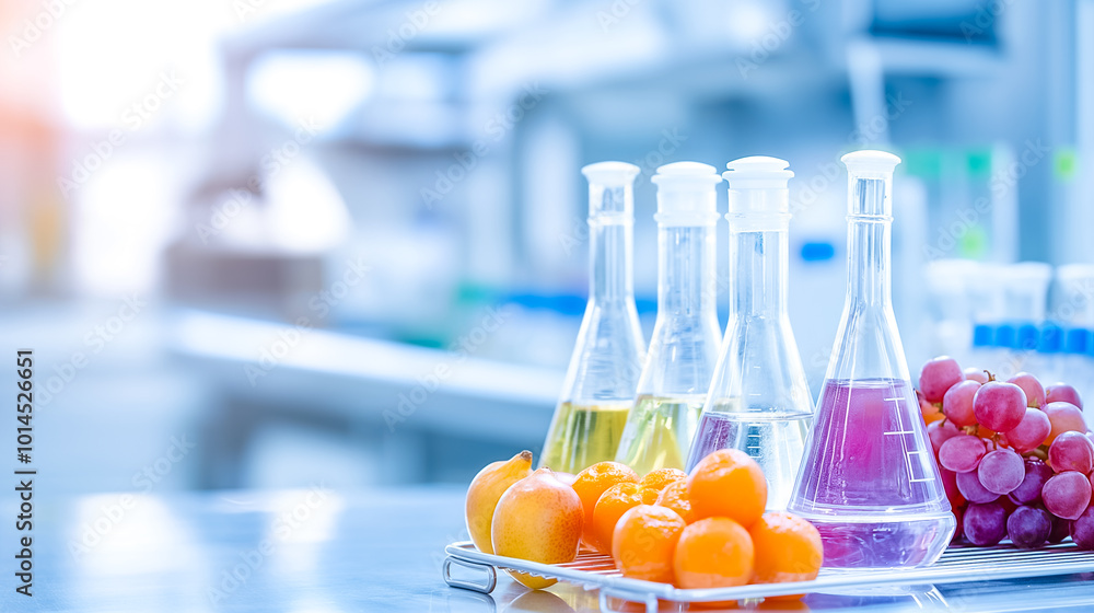 Aufkleber a collection of laboratory flasks filled with various colorful liquids sits next to oranges and grap