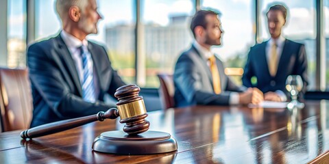 A striking wooden gavel lies in a law office, with lawyers in the background engaged in a meeting, beautifully depicted in urban exploration