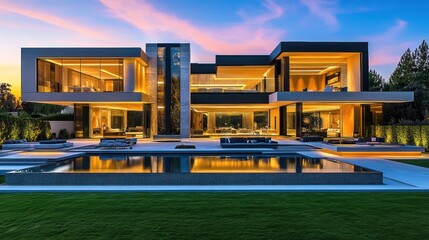 Obraz premium Modern luxury home with sleek design, large windows, and a pool at sunset.