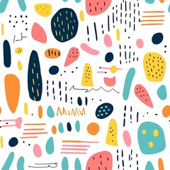 Playful abstract doodle pattern with vibrant shapes and lines on a white background.