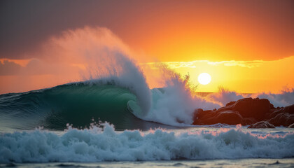 Fototapeta premium Sunset wave crashing on rocks