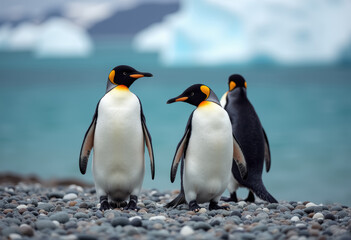 Three Adelie Penguins on Rocky Shore