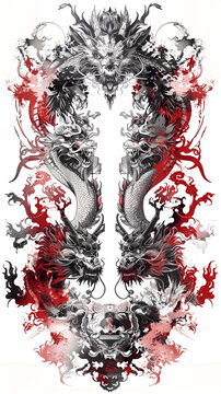 Dragon-themed design with a splash of red and Gothic elements, blending beauty and love in an artistic pattern.