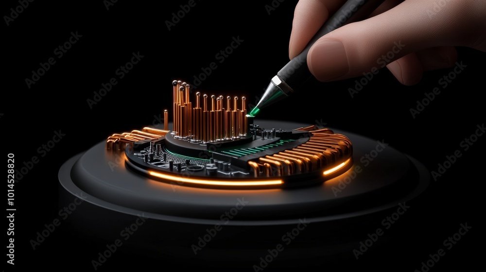 Poster precision engineering: a close-up shot of a hand delicately manipulating a stylus, tracing the intri