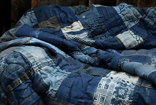 Cozy homemade patchwork quilt crafted from denim scraps.