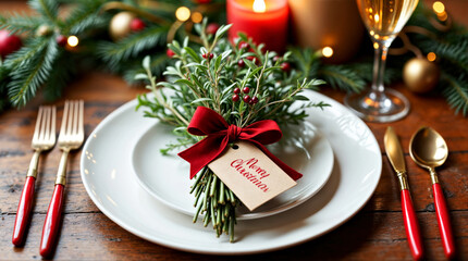 Festive Christmas Table Setting with Holiday Decorations and Merry Christmas Card