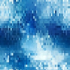 Vibrant patterned geometric design with blue, orange, and beige squares.