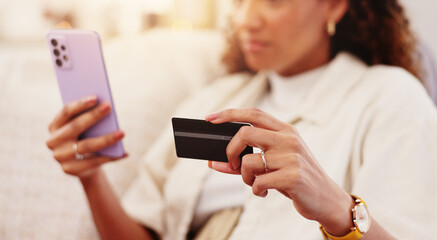 Home, hands and woman with cellphone for credit card, online shopping and transaction for payment....