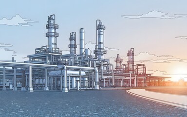 A line drawing of an industrial landscape with an oil refinery plant.