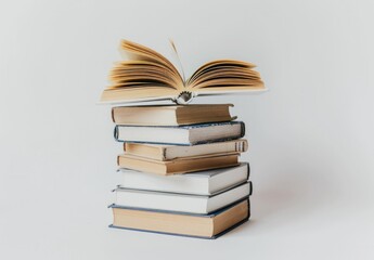 Books stacked with an open book on top, showcasing a vibrant literary theme against a light gray background, perfect for education or knowledge concepts