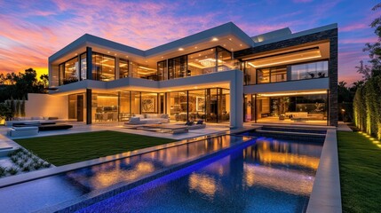 Fototapeta premium Modern luxury villa with a pool at sunset, showcasing elegant architecture and outdoor living.