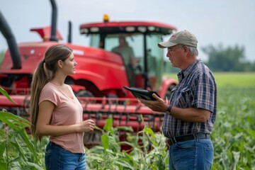 Farmer explaining to young insurance agent about crops in cornfield with tractor in background