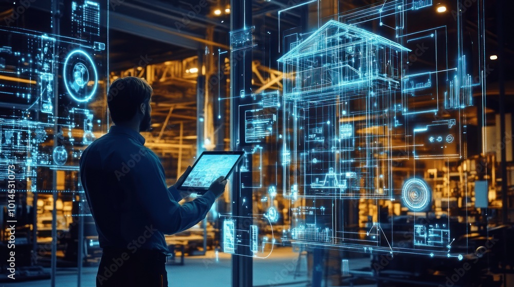 Poster A Man Interacting with a Holographic Projection of a Building Design