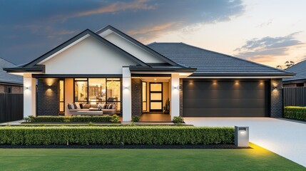 Modern house exterior with landscaped yard and evening sky.