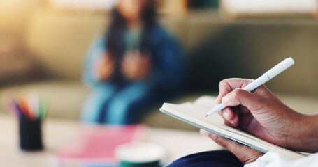 Anxiety, child and therapist with notes for consultation in trauma, stress or support in office....