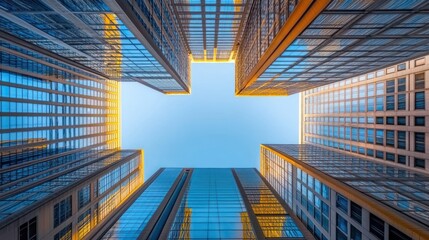 A view looking up at modern skyscrapers with glass facades and a clear blue sky above.