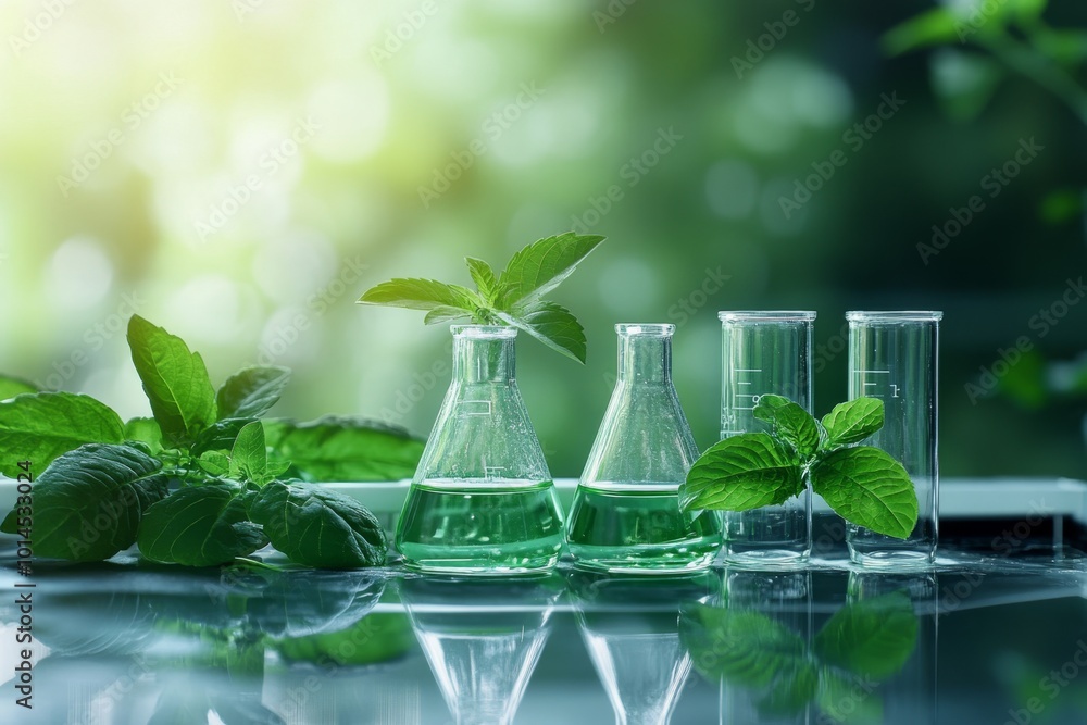 Poster scientist is researching plant extracts in a laboratory using test tubes and flasks