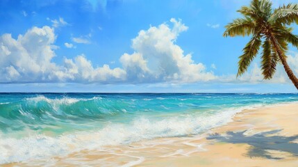 Fototapeta premium A serene beach scene with waves, palm trees, and a bright blue sky.
