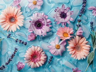 Floral arrangement with pink and purple flowers on a blue ice background, featuring daisies and lavender Bright and vibrant, perfect for spring themed designs