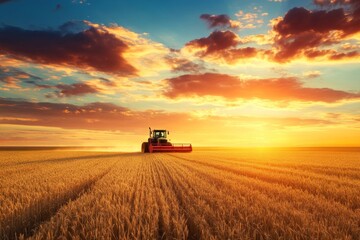 Fototapeta premium Tractor harvesting wheat field at sunset with dramatic sky