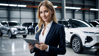 A confident businesswoman in a blue suit holds a tablet in a modern car dealership. She exudes professionalism and success, standing amidst various sleek automobiles.

