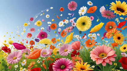 Fototapeta premium a beautiful field of flowers with flying petals,
