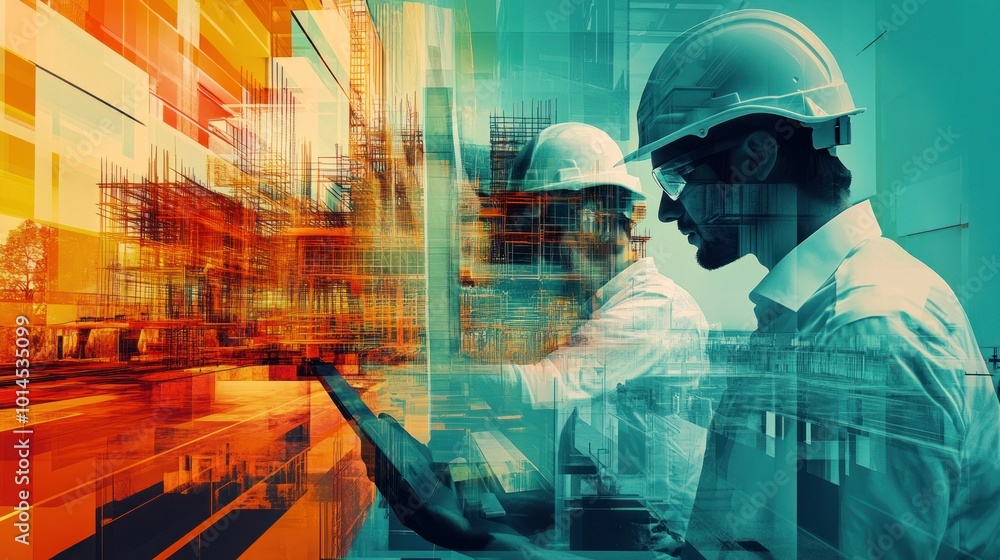 Aufkleber two construction workers with a digital overlay of a building under construction